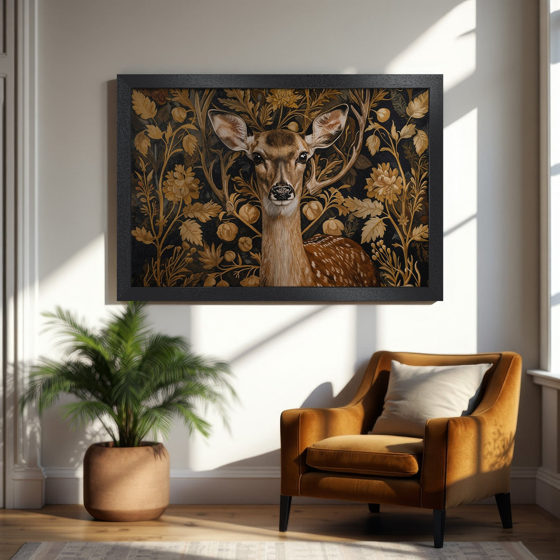 Framed Poster featuring a deer in a vintage style with a gold and black color palette, perfect for home decor.