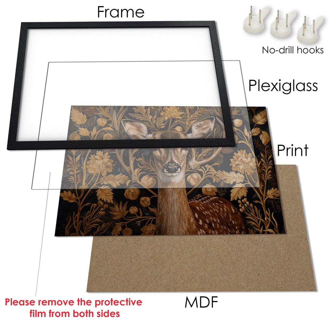 Framed Poster featuring a deer in a vintage style with a warm, earthy color palette. Perfect wall art!