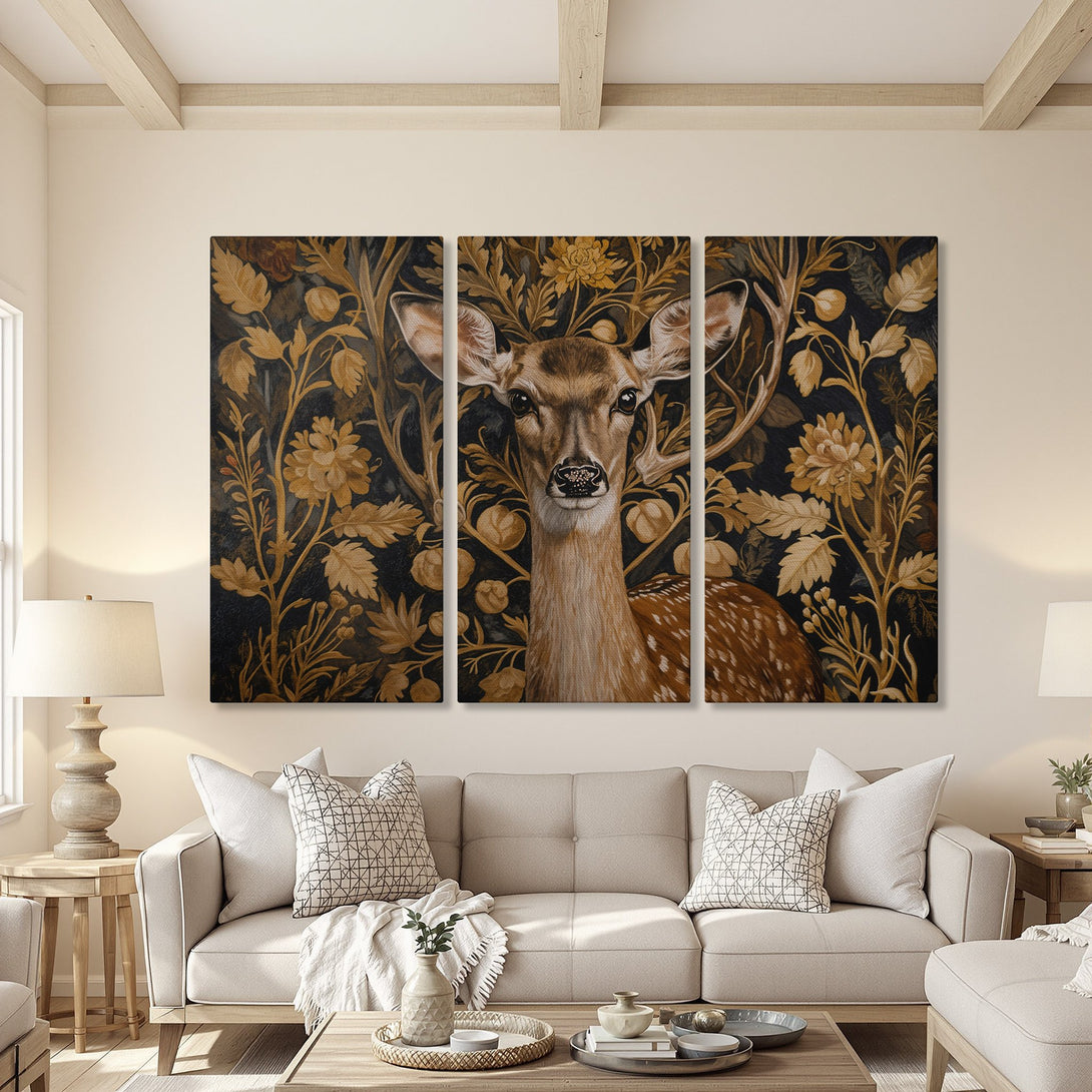 Canvas Print of a deer in a floral design, showcasing a warm, neutral color palette. Perfect for adding a touch of nature to any space.