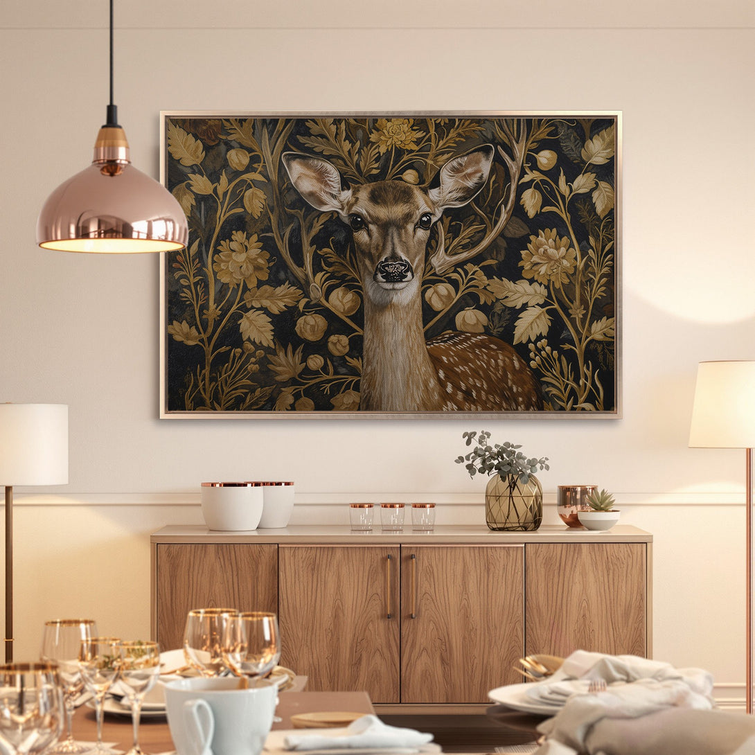 Framed Wall Art featuring a deer in a floral design, perfect for home decor. Elegant, vintage style with a gold and dark palette.