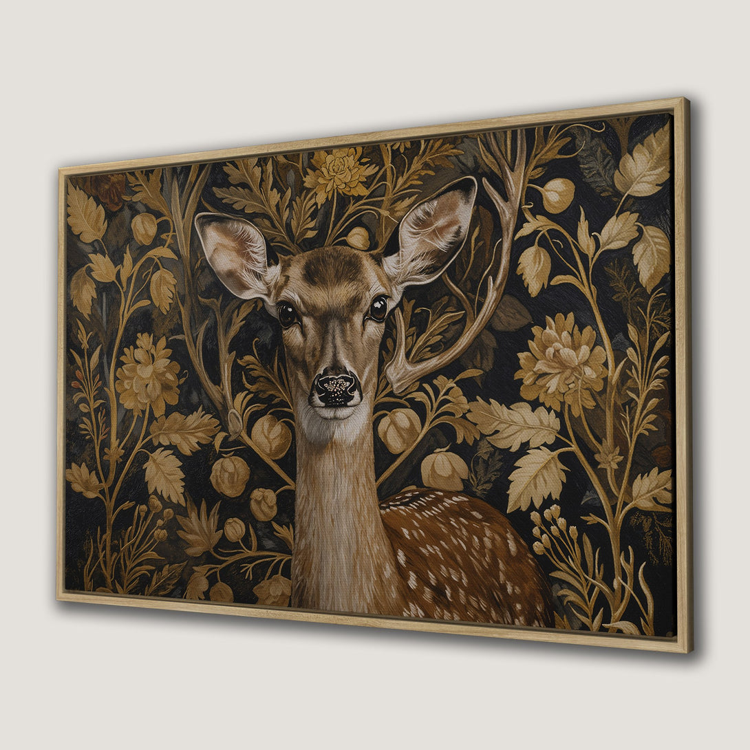 Framed Wall Art featuring a deer in a floral design. Earthy tones of brown, gold, and black create a vintage, elegant feel. Perfect for adding character to your space!