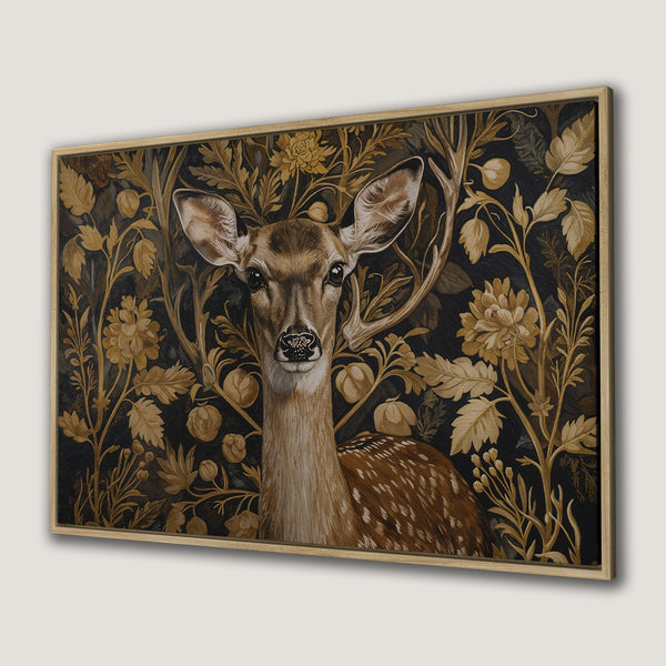 Framed Wall Art featuring a deer in a floral design. Earthy tones of brown, gold, and black create a vintage, elegant feel. Perfect for adding character to your space!