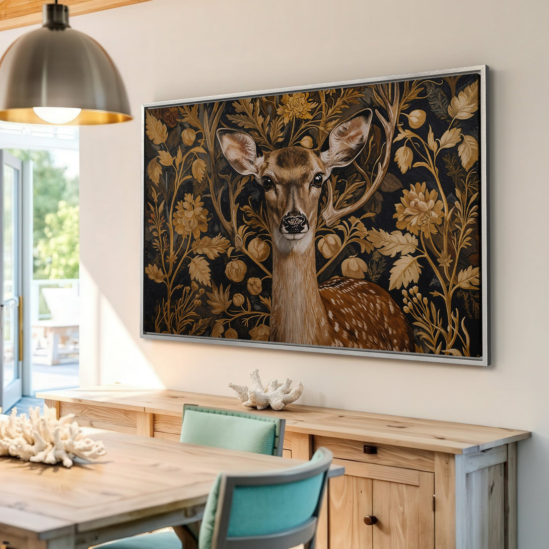 Framed Wall Art: Stunning deer portrait in a vintage style with a dark, floral background and warm gold and brown tones. Perfect for any home decor.