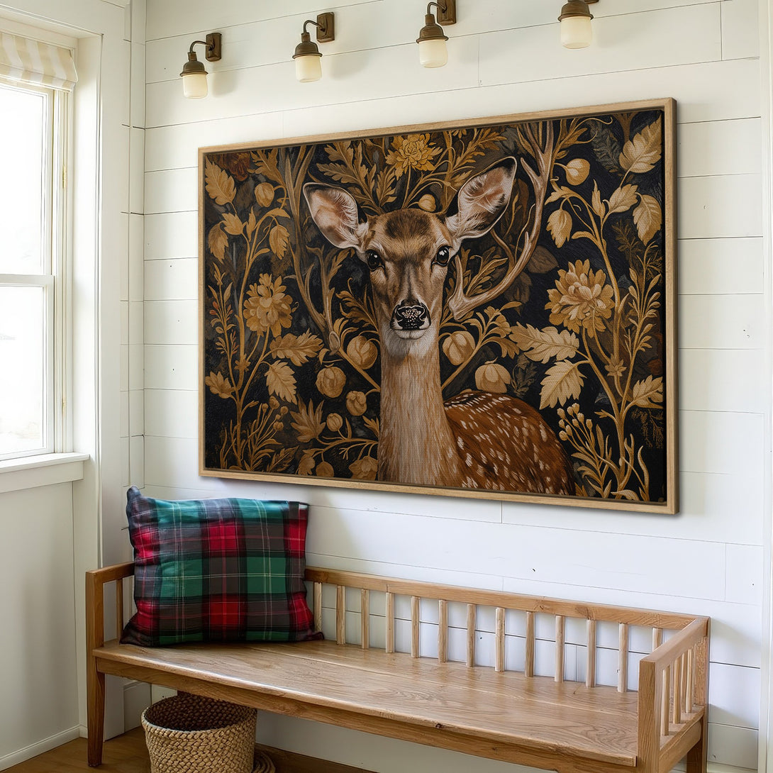 Framed Wall Art: Deer portrait in a vintage style with a dark background and gold floral accents. Earthy tones create a warm, inviting aesthetic.