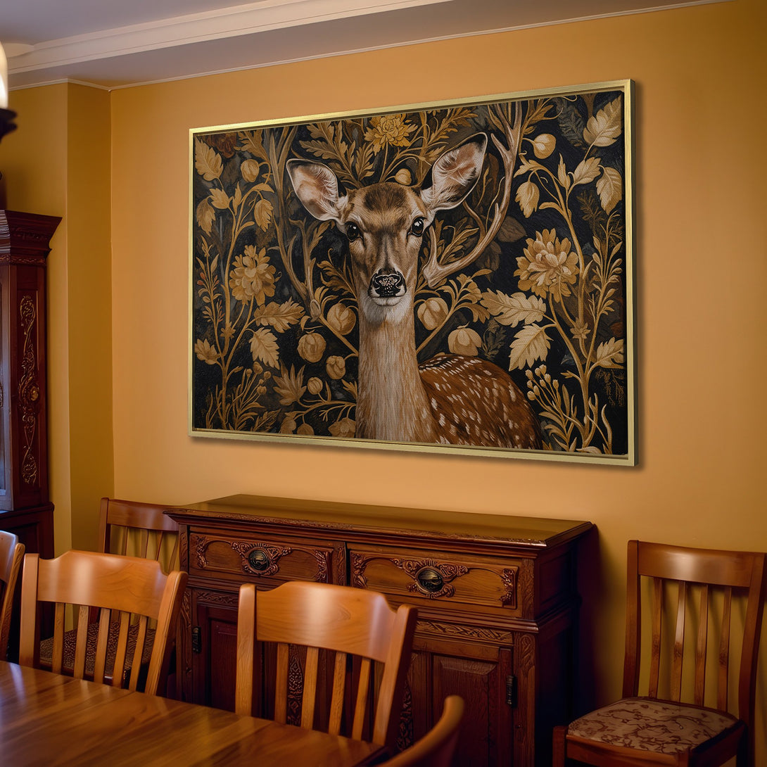 Canvas Print of a majestic deer in a floral design, warm gold and black palette. Perfect wall art for a cozy, elegant living room.