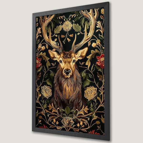 Framed Poster featuring a majestic stag with floral design. Rich gold, green, and red hues on a black background, perfect wall art.