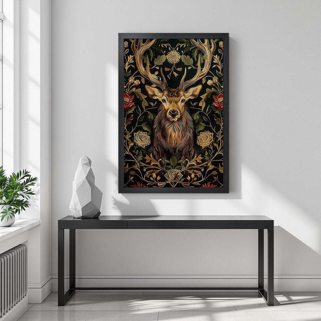 Framed Poster featuring a majestic stag with floral details in a dark, elegant style. Rich gold, red, and green color palette.