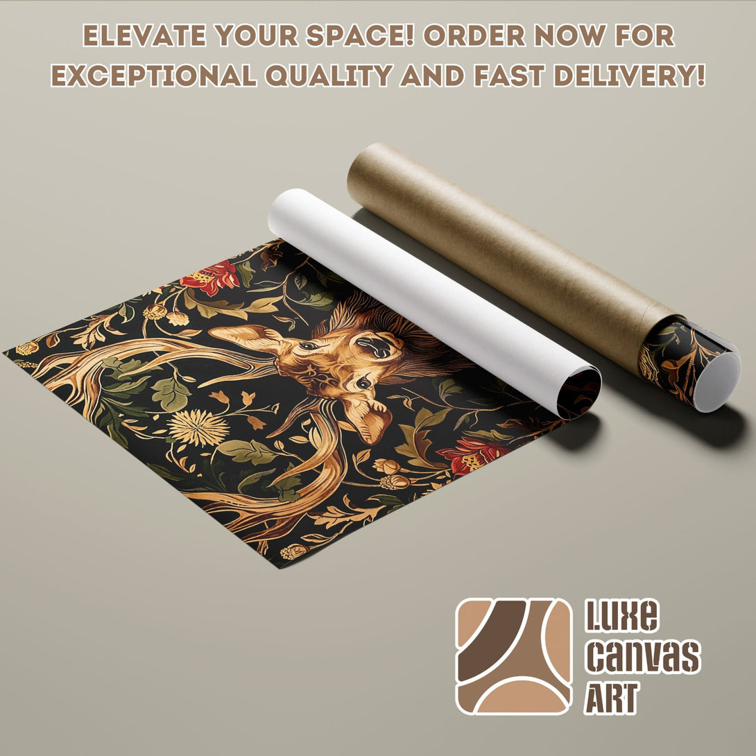 Poster Roll featuring a deer design in a vintage style with a black, gold, and red color palette. Elevate your space!