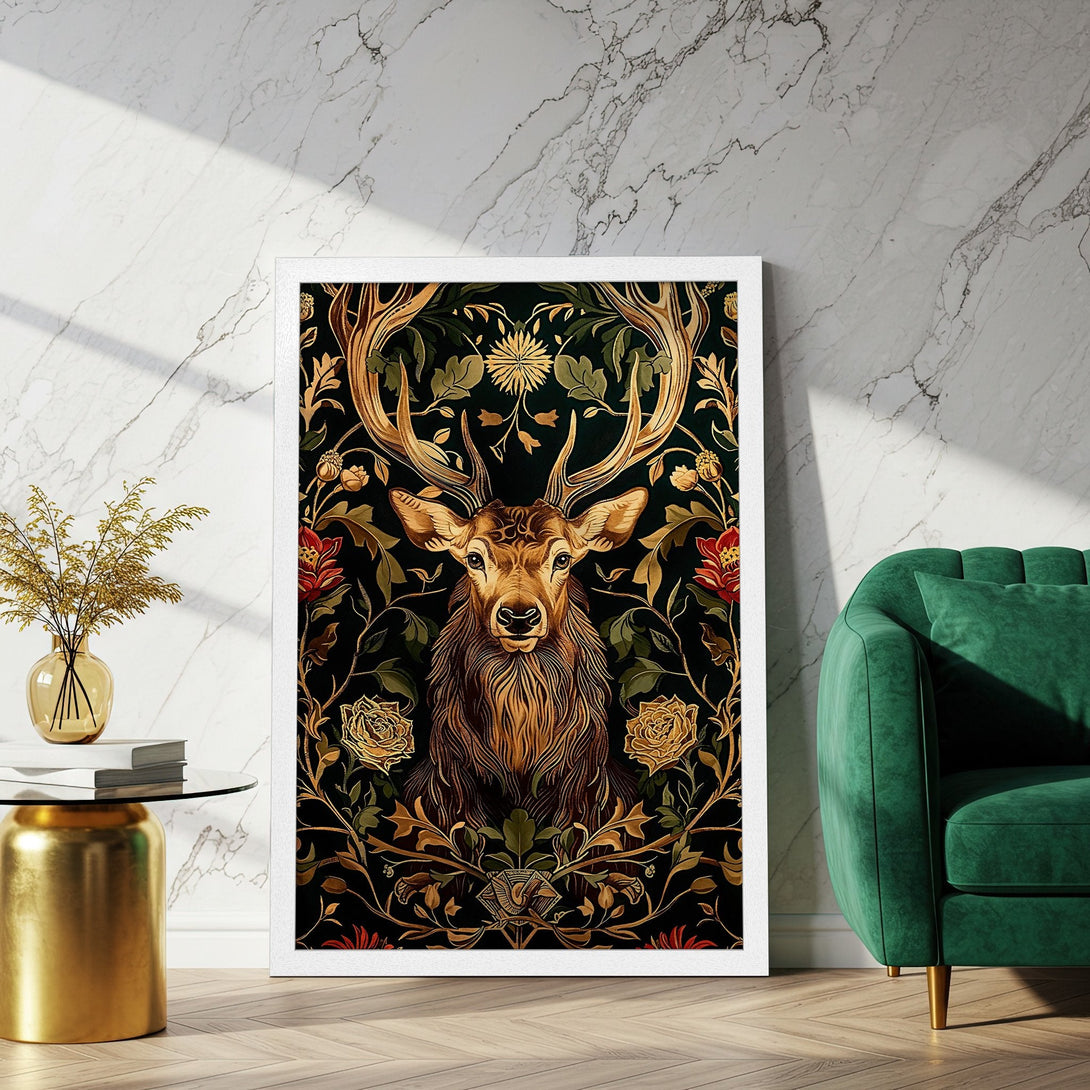 Framed Poster featuring a majestic deer in a floral Art Nouveau style. Rich black, gold, and red color palette. Perfect wall art!