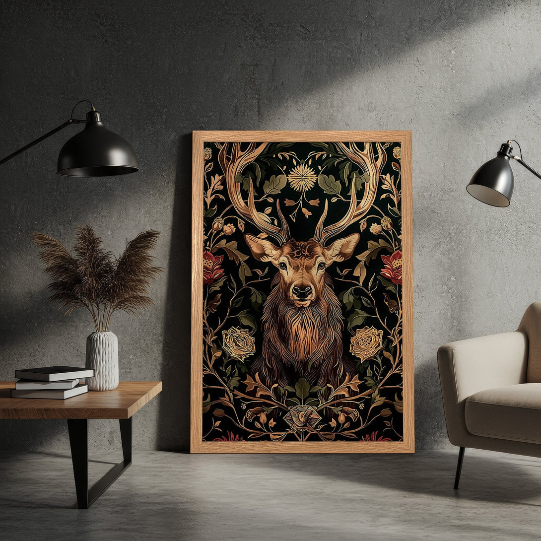 Framed Poster featuring a majestic stag in a floral, vintage style with a dark, earthy color palette. Perfect wall art!