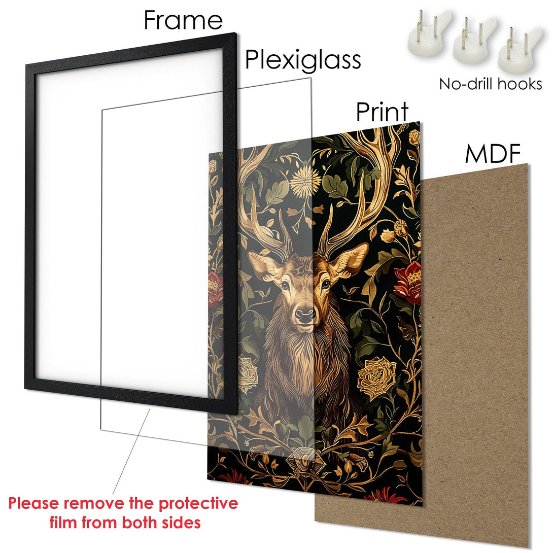 Framed Poster featuring a majestic deer in a floral design. Rich black, gold, and green color palette, perfect for home decor.