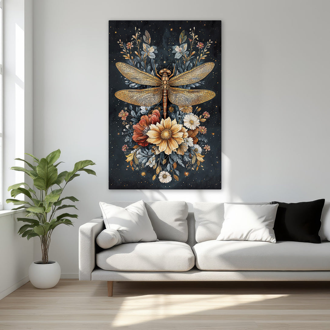 Framed Wall Art: Elegant dragonfly art print with a dark background, gold, and floral accents. Perfect for adding a touch of luxury to your home decor.