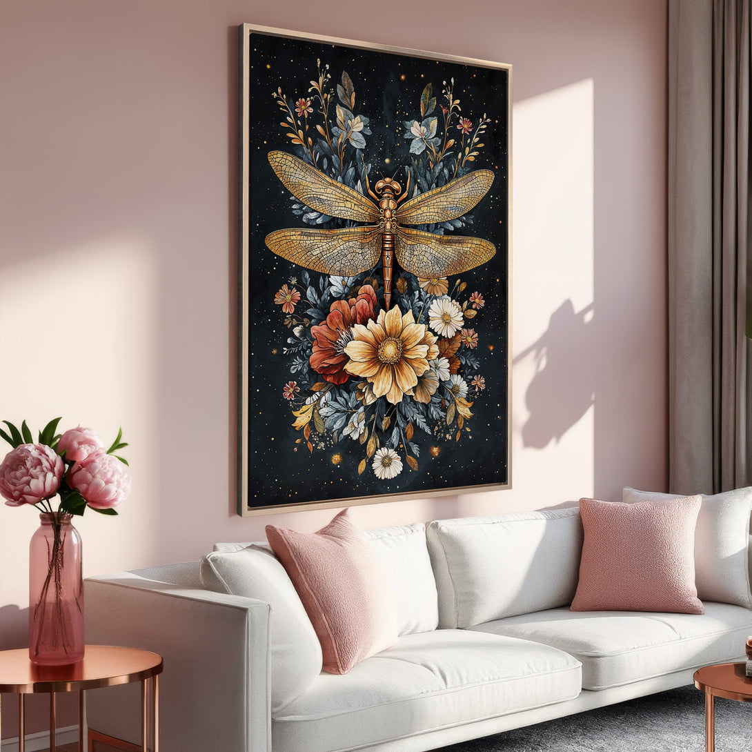 Framed Wall Art: Stunning dragonfly illustration with floral accents. Features a gold, black, and blush pink color palette. Perfect for adding elegance to your home.