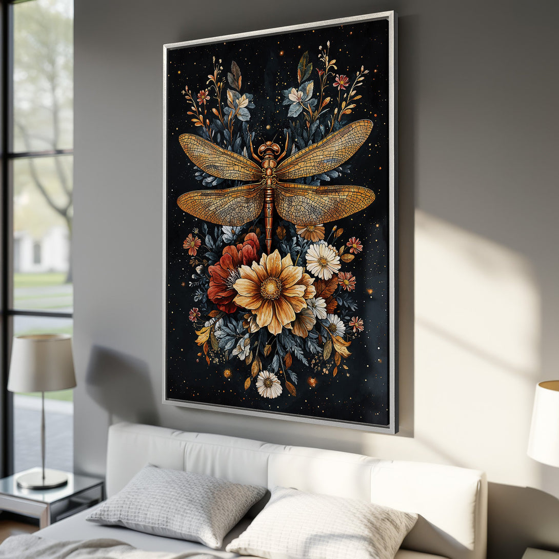 Framed Wall Art: Stunning dragonfly and floral Canvas Print. Dark background, warm gold, orange, and blue tones. Perfect for bedroom decor.