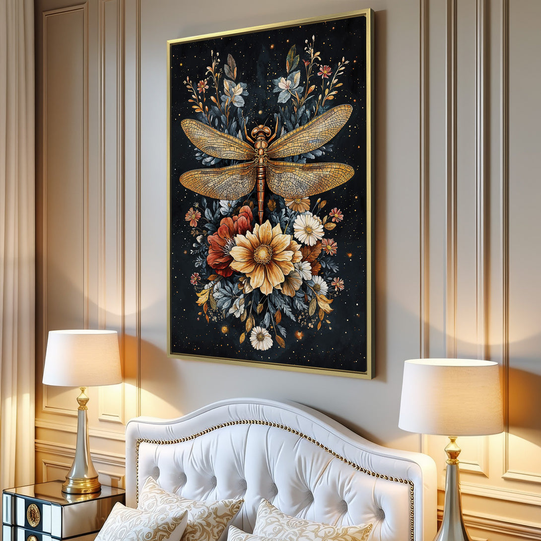 Canvas Print featuring a golden dragonfly and floral design. Dark, moody background with warm, earthy tones. Perfect wall art for a stylish home.