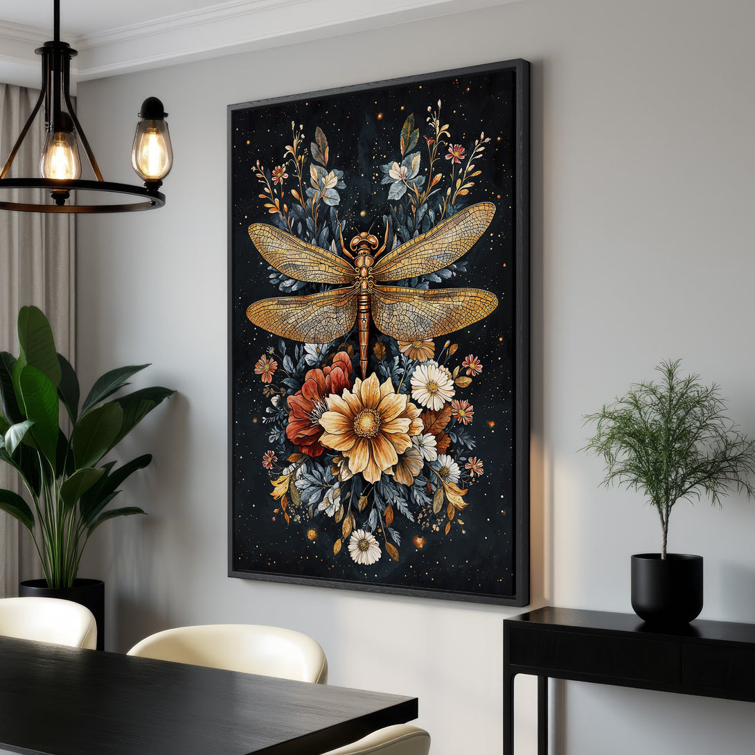 Framed Wall Art: Dragonfly with floral design in warm gold and earth tones. Perfect for adding a touch of nature-inspired elegance to your home decor.