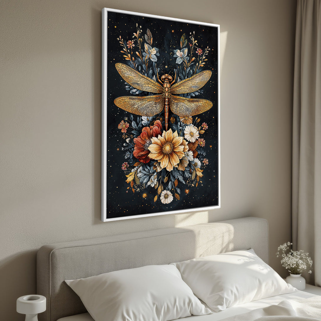 Framed Wall Art: Stunning dragonfly art print in gold and floral details on a dark background. Perfect for adding a touch of elegance to your bedroom decor.