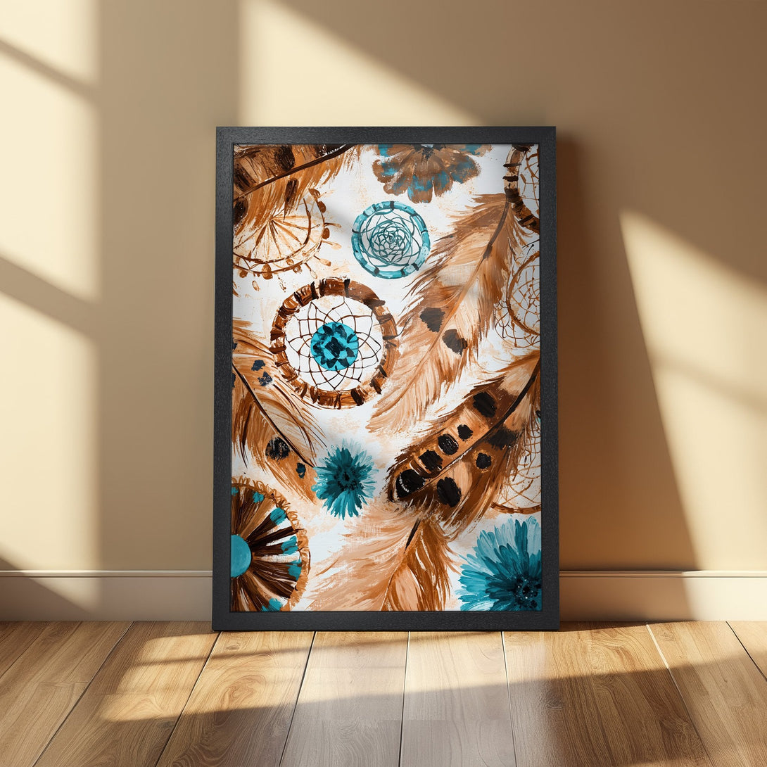 Framed Poster featuring dreamcatchers and feathers in boho style with brown and teal color palette. Perfect wall art.