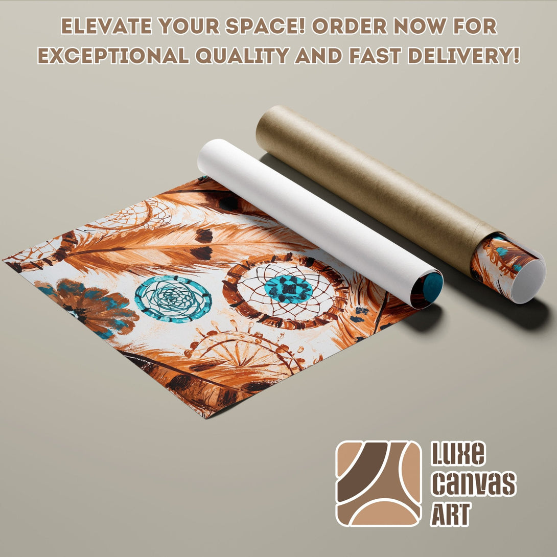 Dreamcatcher Poster Roll, boho style art in warm brown and turquoise tones. Elevate your space with Luxe Canvas Art!