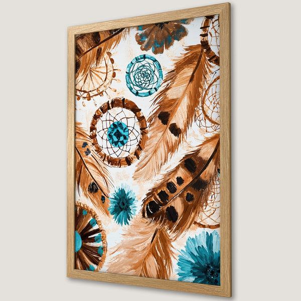 Framed Poster featuring bohemian dreamcatcher and feather art in brown, turquoise, and white. Perfect wall decor!