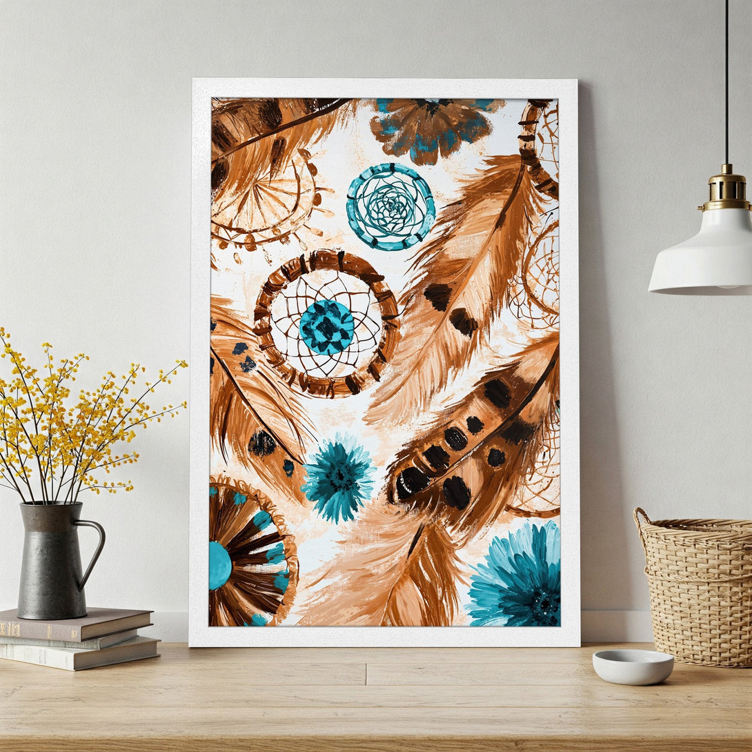 Framed Poster featuring dreamcatchers & feathers in a boho style, warm brown & teal color palette. Perfect wall art decor!