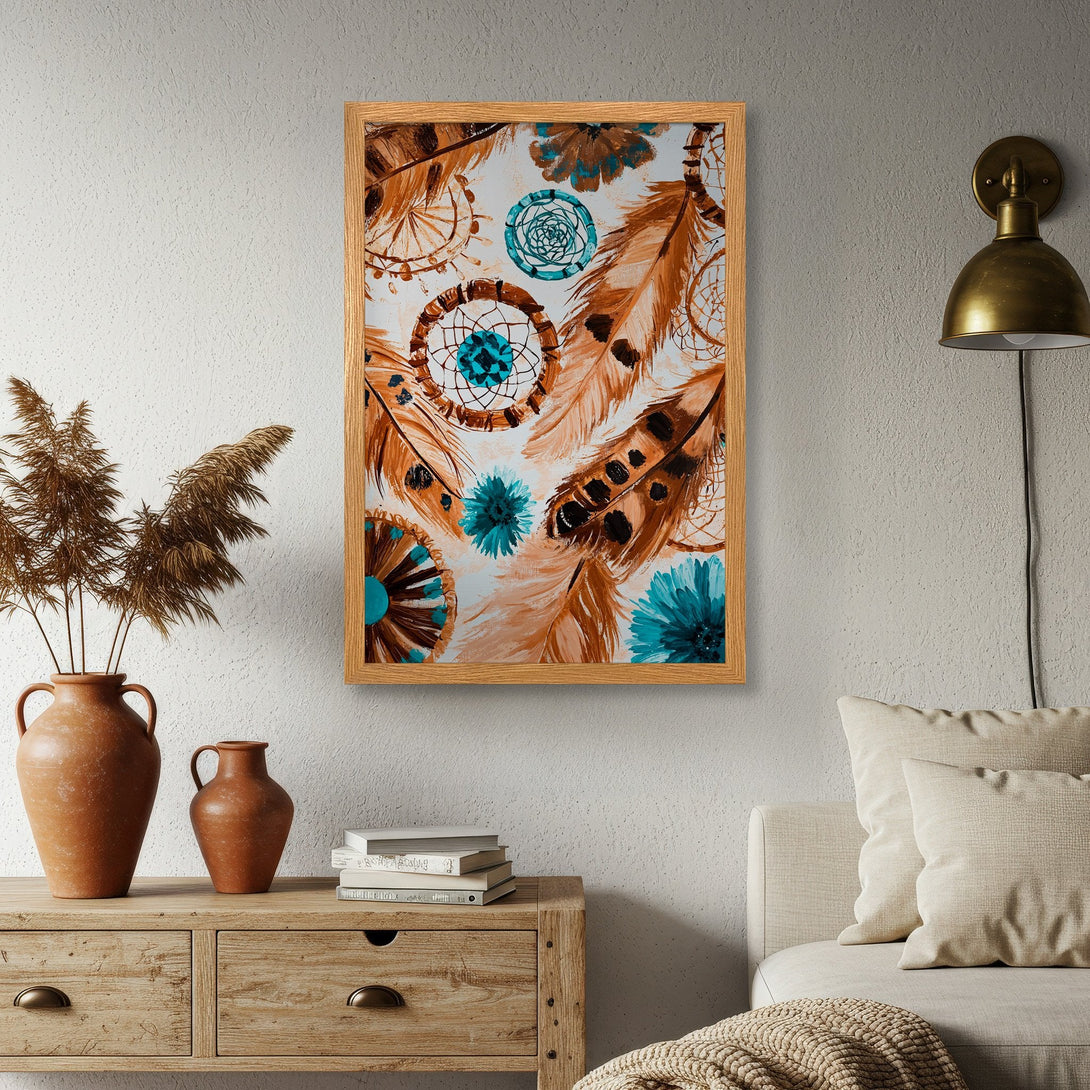 Framed Poster featuring dreamcatchers and feathers in a boho style with a warm brown and teal color palette. Perfect wall art for a cozy home.
