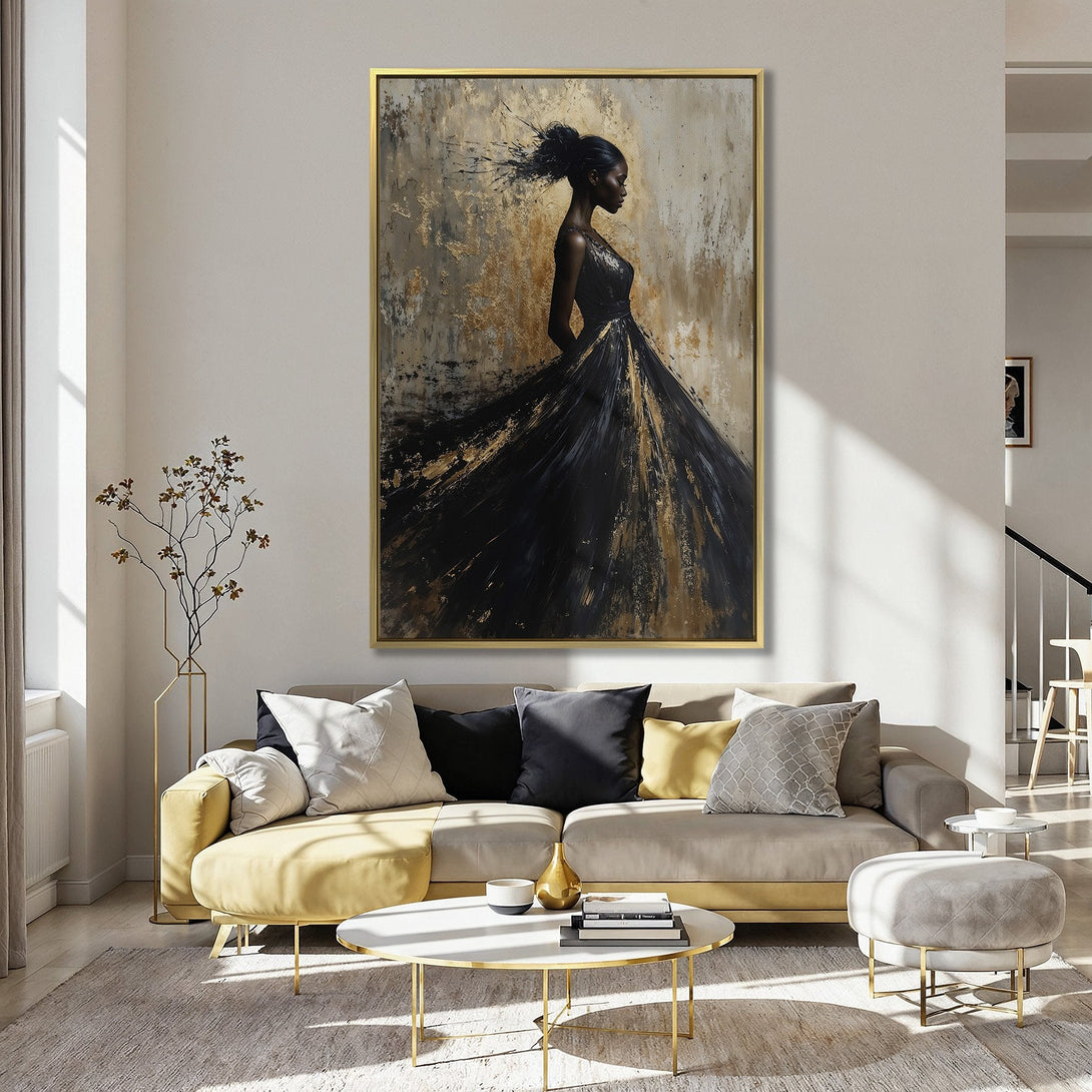 Canvas Print of elegant woman in black dress, abstract art with gold accents, displayed in a stylish interior with a pink wall.