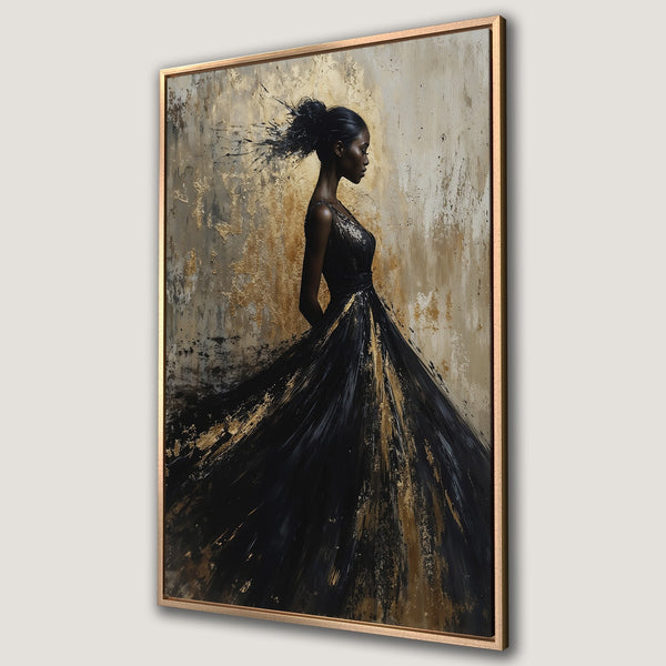 Framed Wall Art: Abstract painting of a woman in a black dress, gold and neutral color palette. Modern art for home decor.