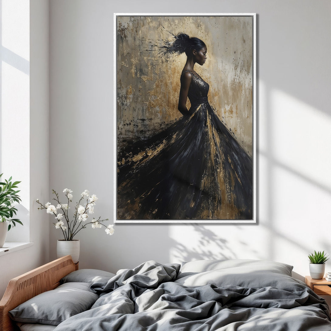 Framed Wall Art: Elegant woman in black dress. Abstract style with gold and neutral tones. Perfect for bedroom decor.