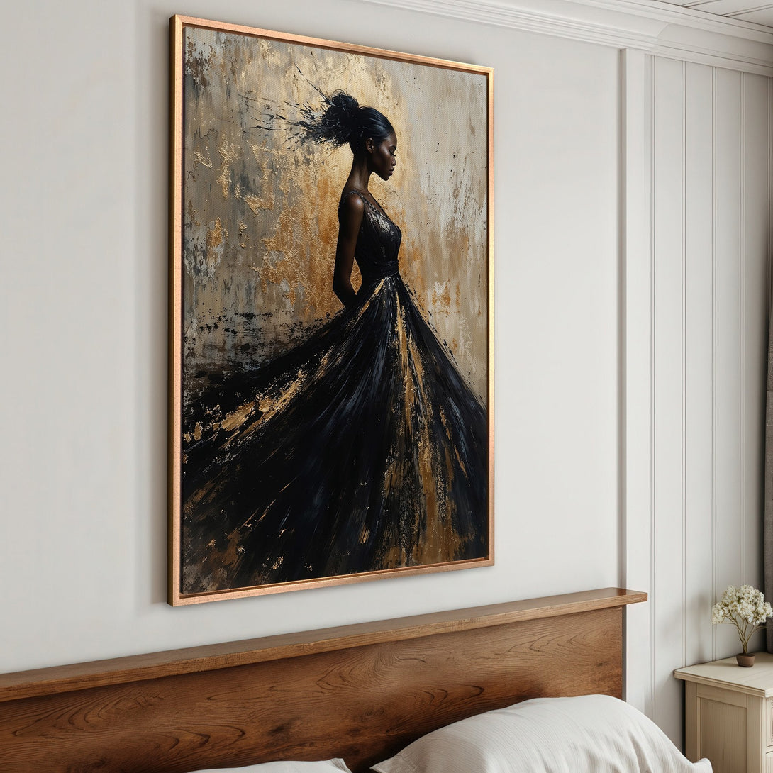Framed Wall Art: Elegant woman in black dress, abstract art style, gold and black color palette, perfect for bedroom decor.