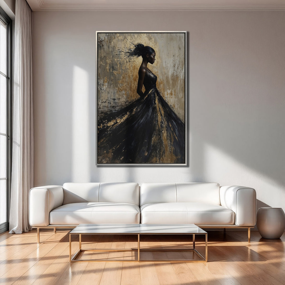 Framed Wall Art: Abstract painting of a woman in a black dress, gold and neutral color palette. Perfect for modern interior decor.