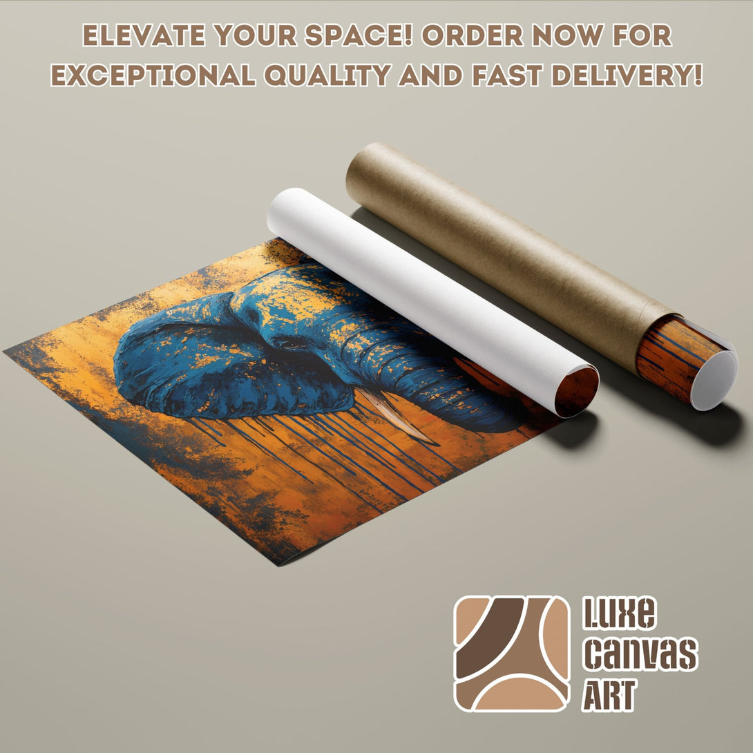 Abstract elephant art Poster Roll in blue and orange. Elevate your space!