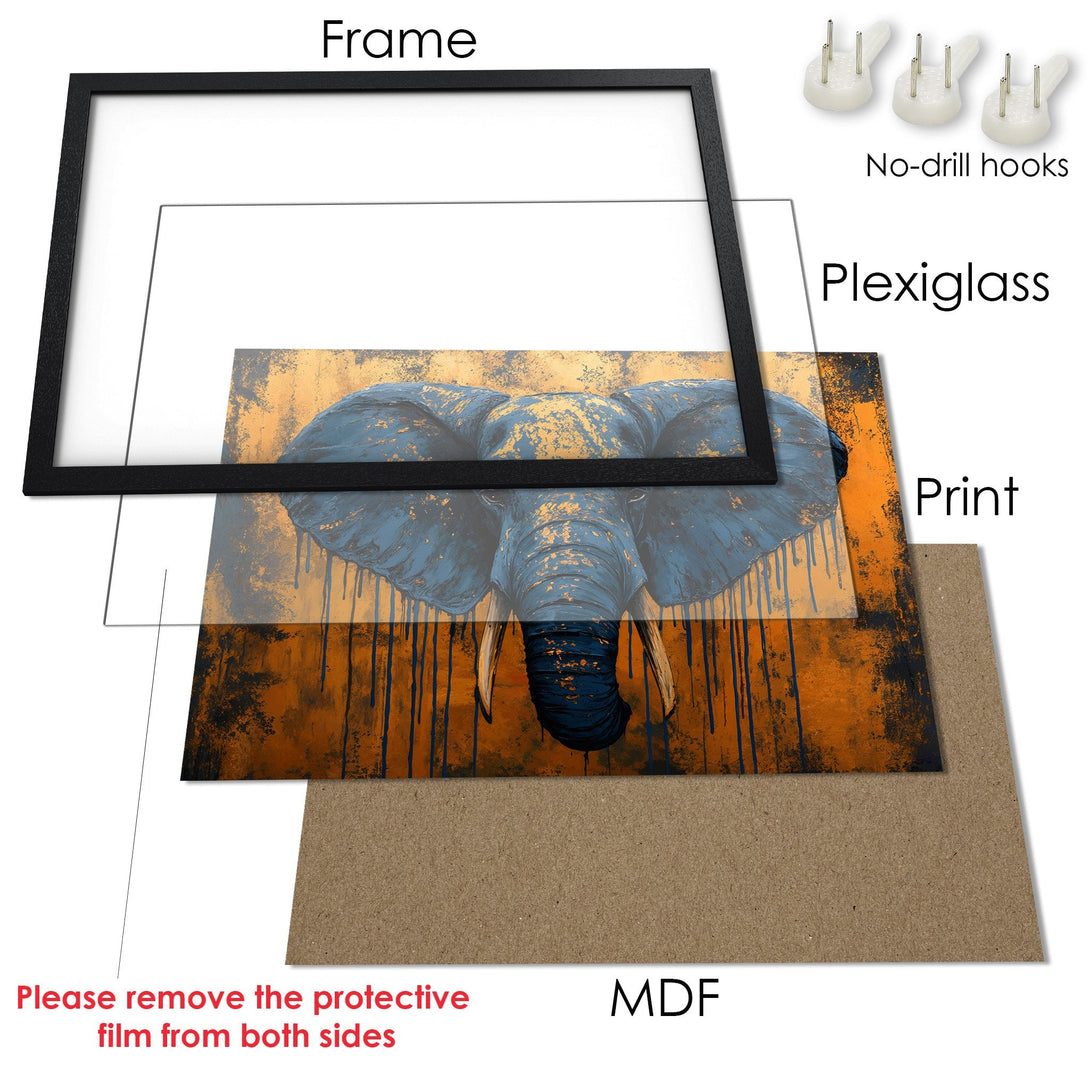 Framed Poster featuring an elephant in blue & gold abstract art style. Enhance your decor with this stunning Poster!