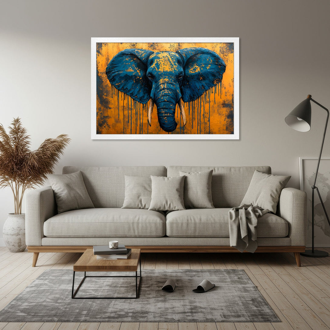 Framed Poster featuring an elephant head in blue and gold. Modern art style with a warm, vibrant color palette. Perfect wall decor.