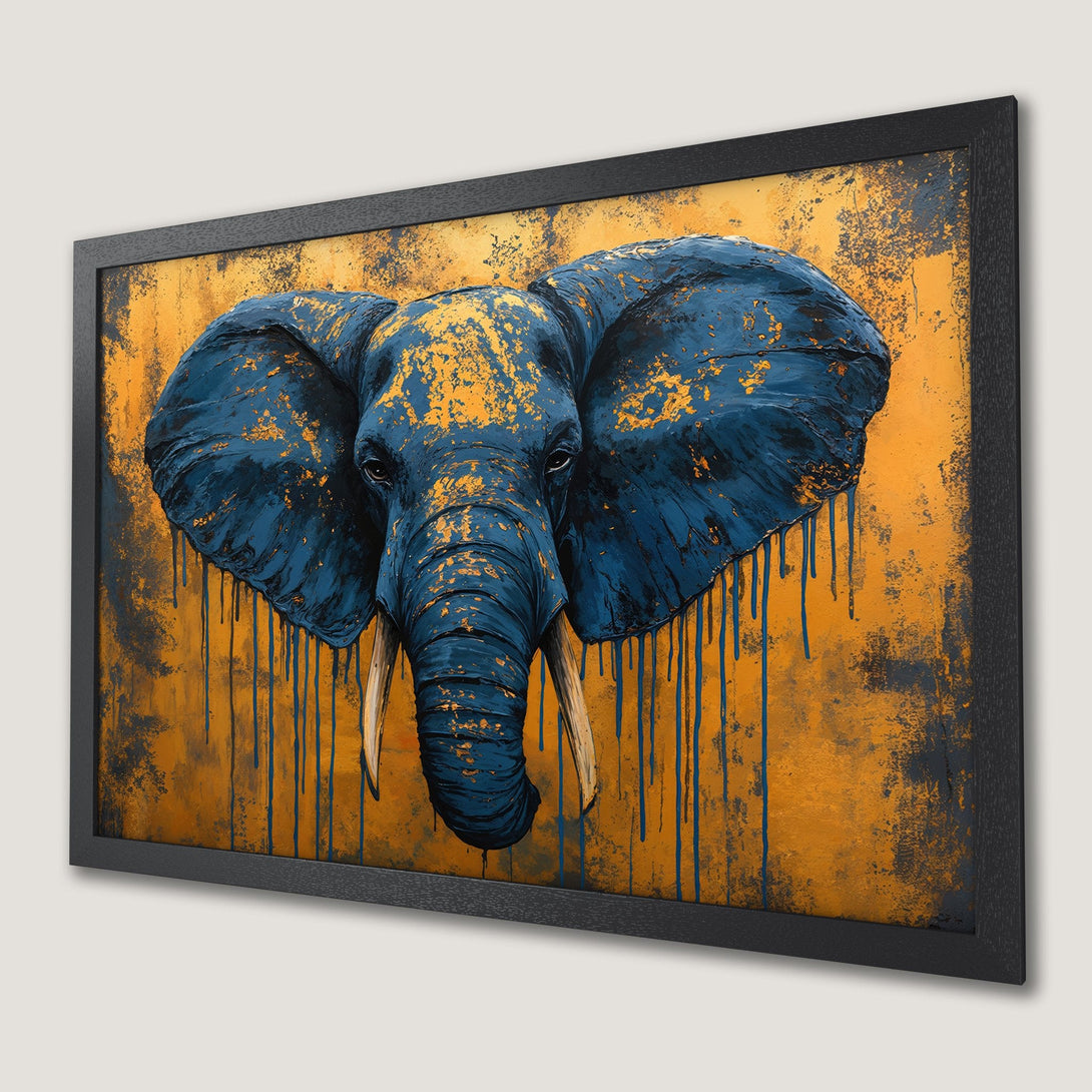 Framed Poster featuring an elephant head in bold blue and gold abstract style. Perfect wall art for any room.