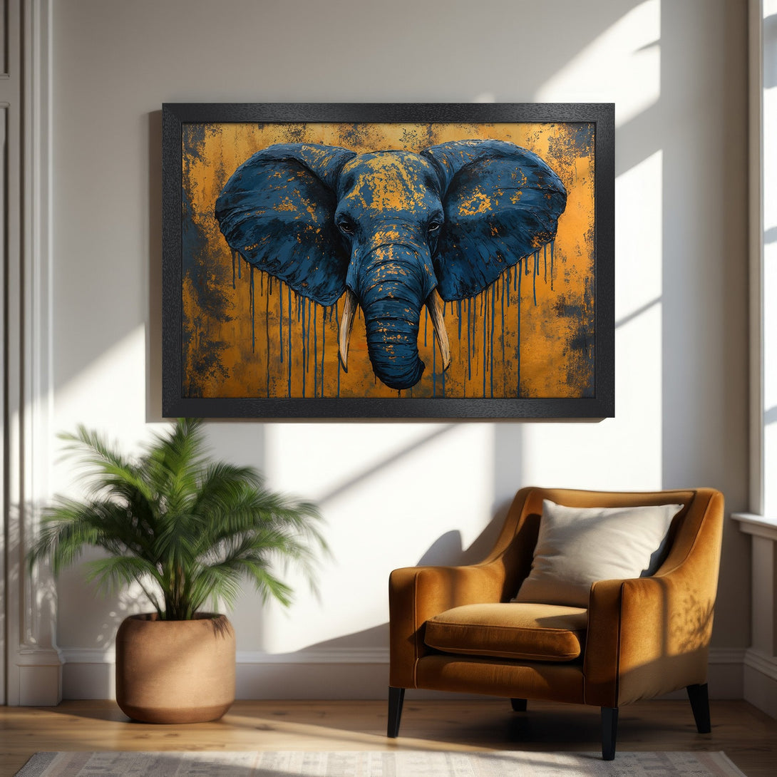 Framed Poster featuring a majestic elephant head, vibrant blue & gold abstract art. Elevate your space with this stunning wall art!