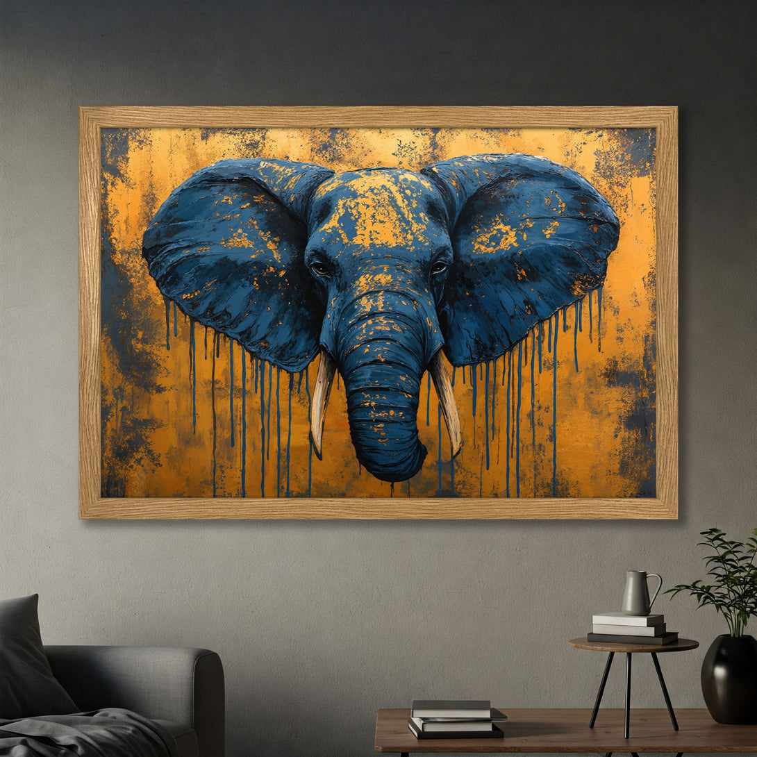 Framed Poster featuring an elephant head in blue and gold. Modern art style with a vibrant, warm color palette. Perfect wall decor!