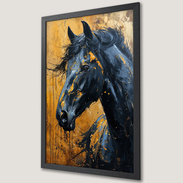 Framed Poster featuring a majestic black horse in an abstract, expressive style. Warm gold and dark blue color palette. Add artistic flair to your space!