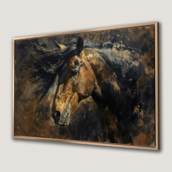 Framed Wall Art: Stunning horse portrait in warm brown, black, and gold tones. Abstract style Canvas Print adds elegance to any space.