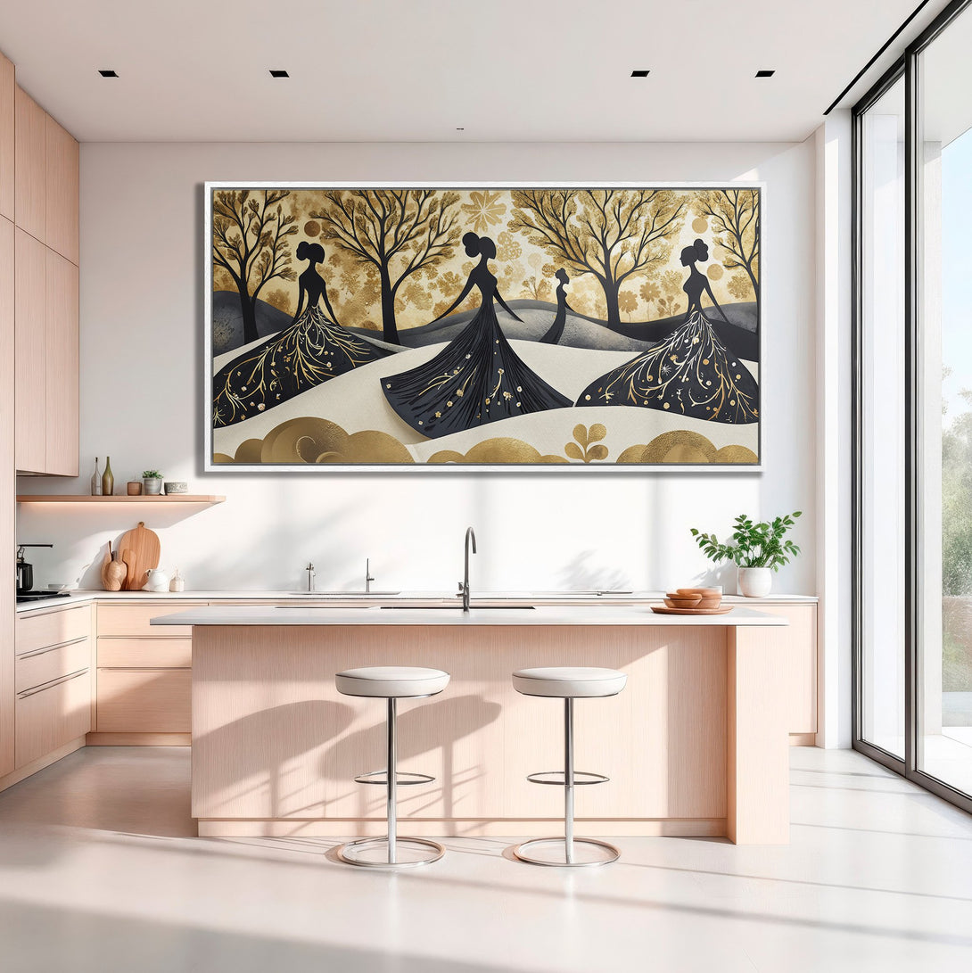Framed Wall Art featuring elegant black & gold figures in a stylized landscape, displayed in a modern kitchen. Sophisticated decor with a neutral color palette.
