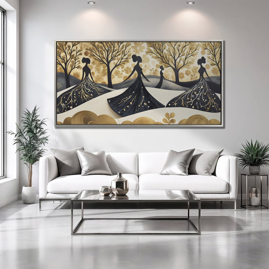 Framed Wall Art featuring elegant figures in black and gold, displayed in a modern interior. Sophisticated art for your home.