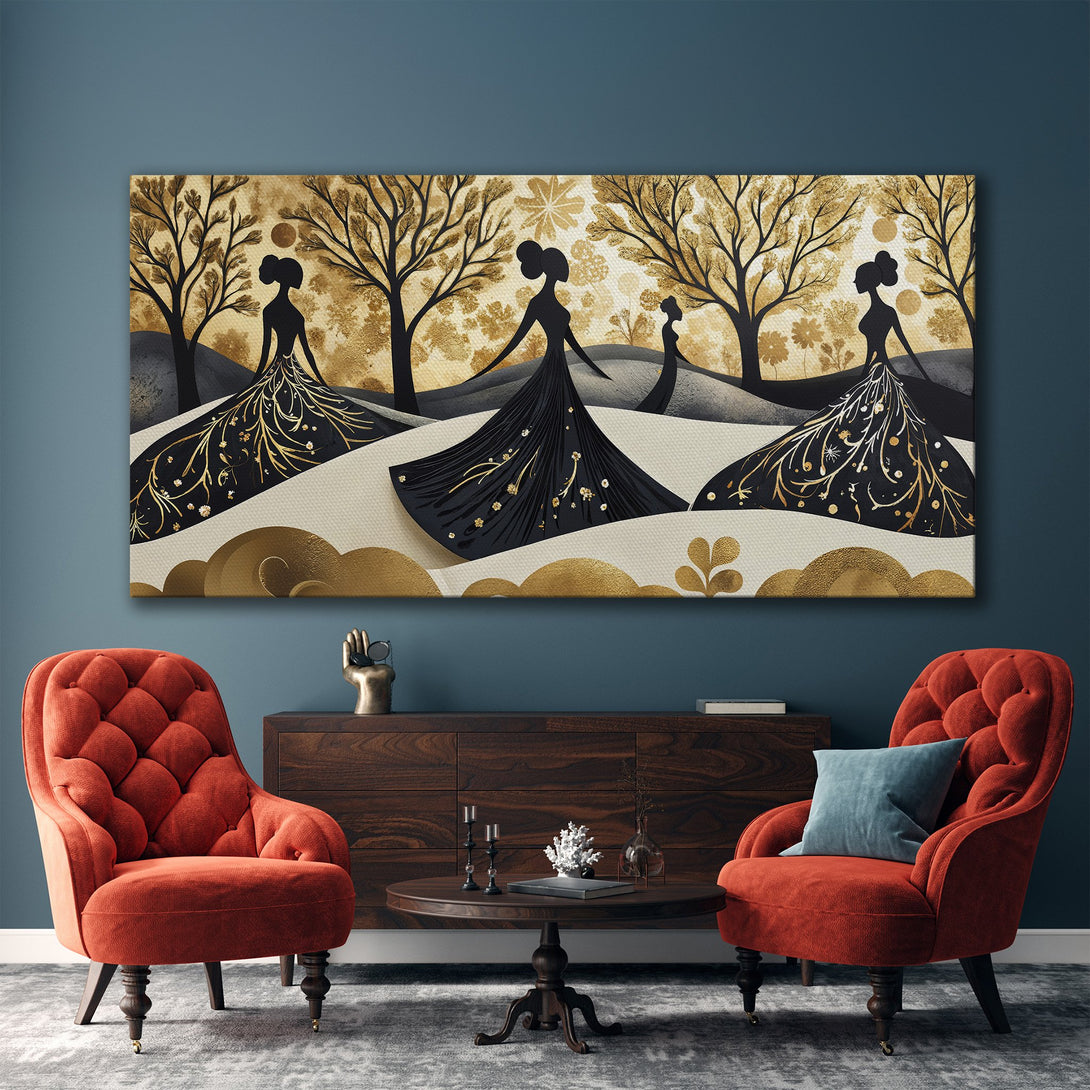 Framed Wall Art featuring elegant figures in black and gold, displayed in a stylish interior. Modern art with a neutral and gold color palette.