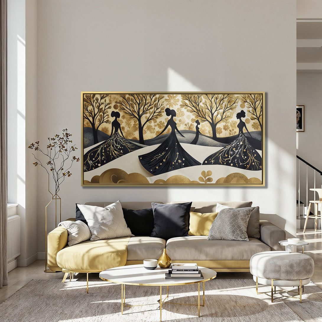 Canvas Print of elegant women in black dresses with gold accents, against a gold and beige landscape. Sophisticated wall art in a modern interior.