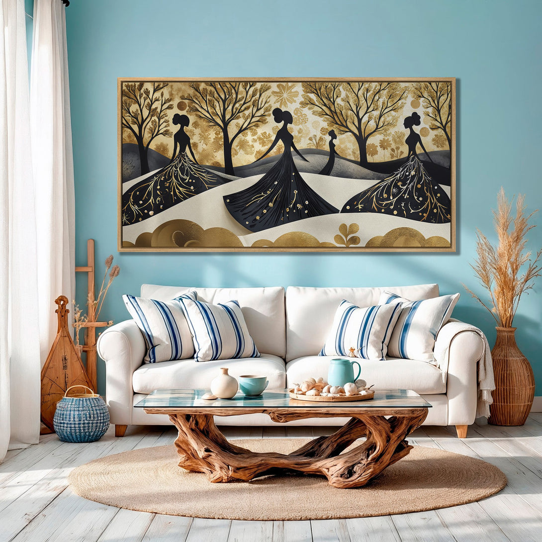 Framed Wall Art: Elegant black and gold silhouette art print in a modern interior. Features a stylish, nature-inspired design with a warm color palette.