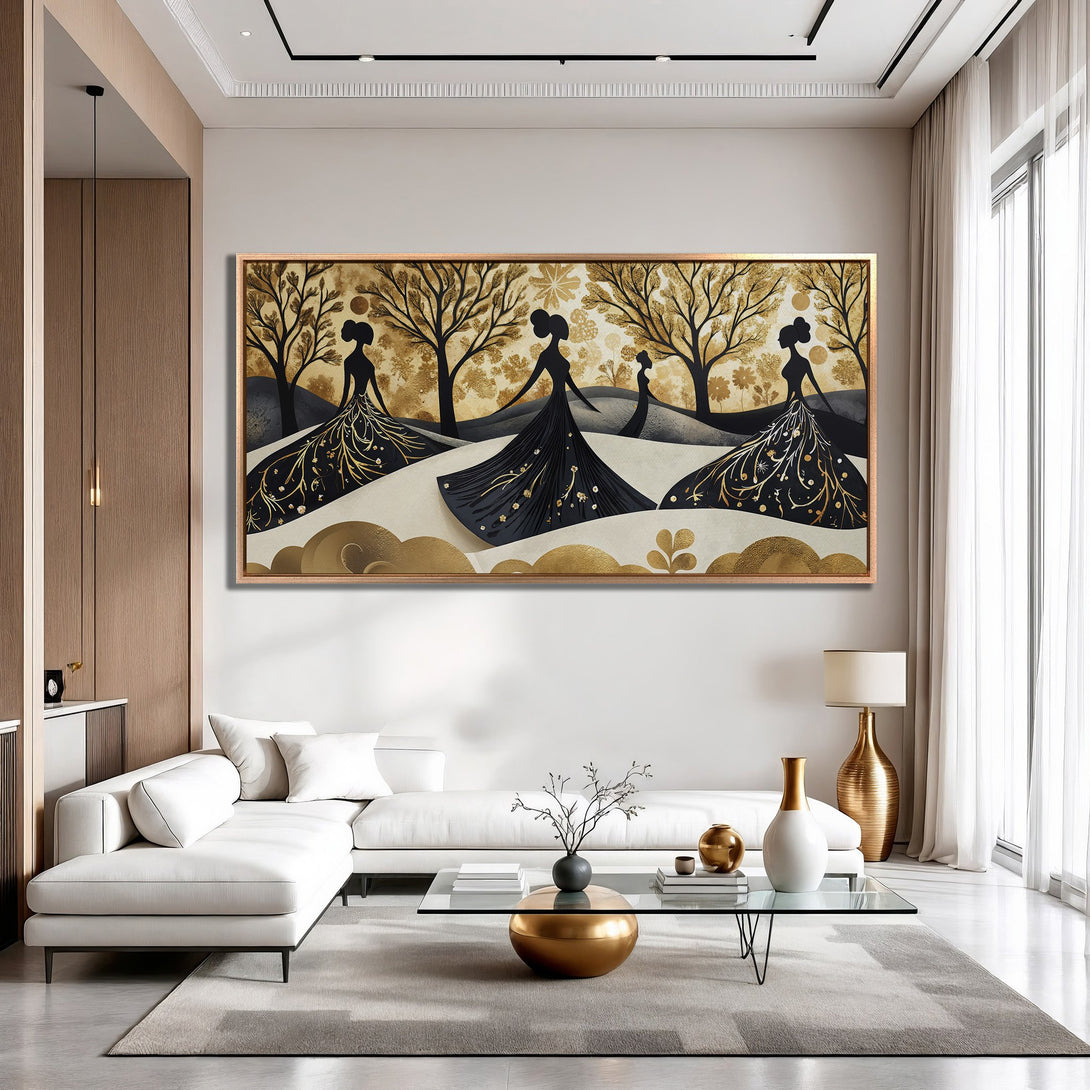 Framed Wall Art featuring elegant women in black dresses against a gold and neutral backdrop. Modern art for a sophisticated living room.