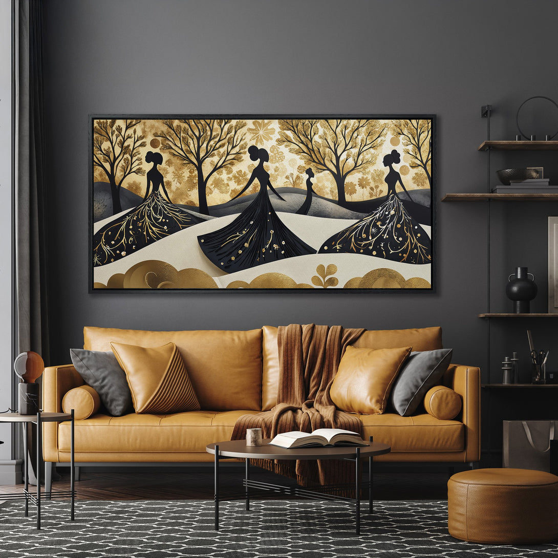 Framed Wall Art featuring elegant figures in black and gold, set against a neutral backdrop. Modern art print for a sophisticated living room.