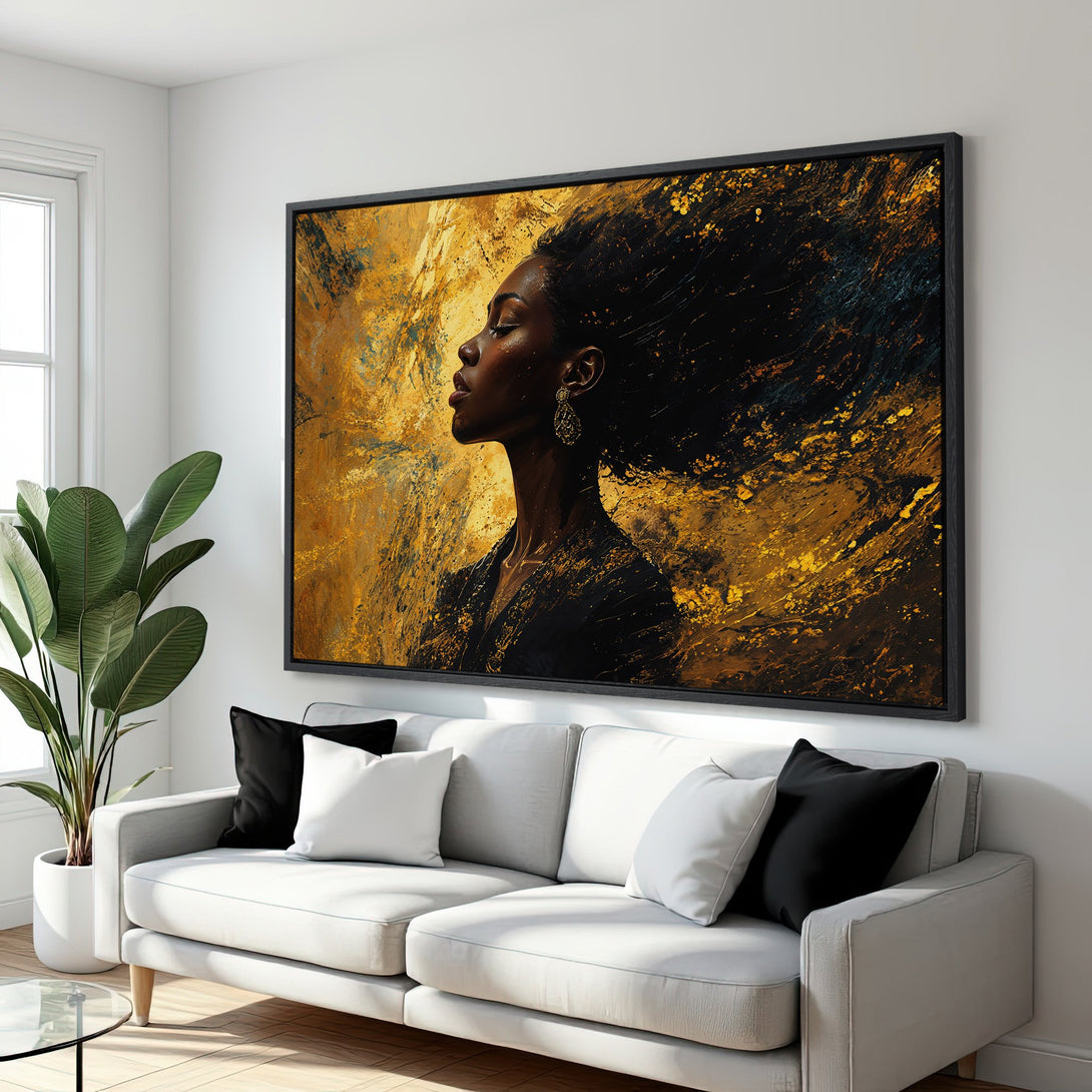 Framed Wall Art: Stunning abstract portrait of a woman with gold and black accents. Add a touch of elegance to your space with this beautiful Canvas Print.