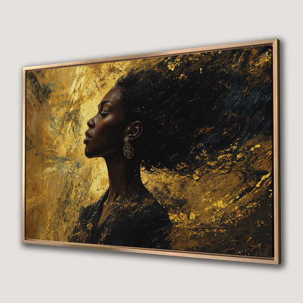 Framed Wall Art: Abstract portrait of a woman with flowing hair, gold and black color palette. Modern art Canvas Print for home decor.
