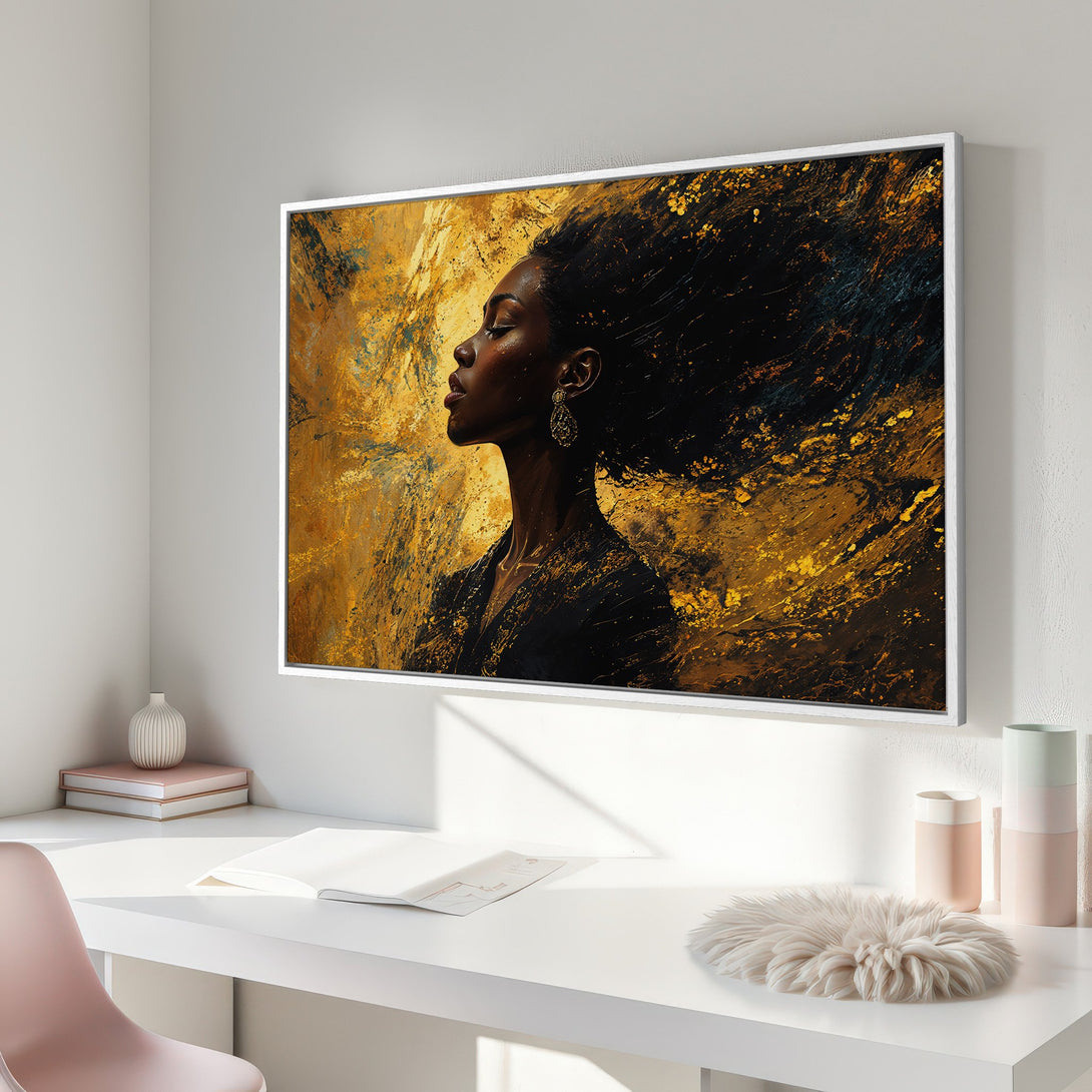 Framed Wall Art featuring a woman in profile with flowing hair, abstract gold and black art. Perfect for modern decor.