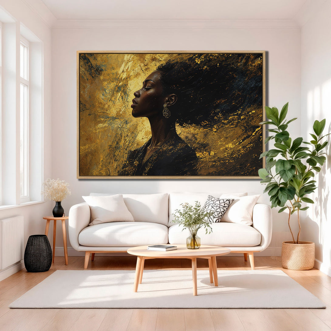 Framed Wall Art featuring a striking portrait of a woman with flowing hair, in a gold and black abstract style. Elevate your space with this stunning canvas print.